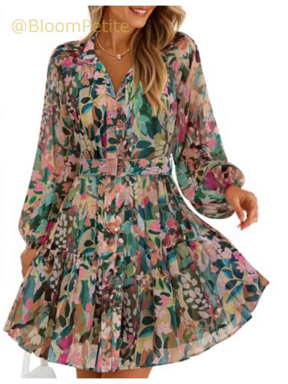 Womens Long Sleeve Floral Chiffon Mini Dress Button Down A Line